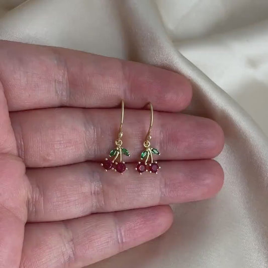 Tiny Cherry Earrings Gold, Small Red Cherry Charm Earring, Cubic Zirconia Crystals, Christmas Gifts For Her, M6-152