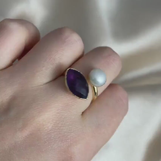 Amethyst Ring, Freshwater Pearl Ring, Gold Adjustable Multistone Statement Rings, Gift Women, M7-11