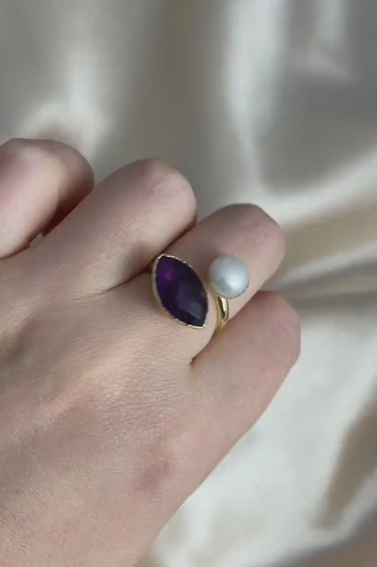 Amethyst Ring, Freshwater Pearl Ring, Gold Adjustable Multistone Statement Rings, Gift Women, M7-11