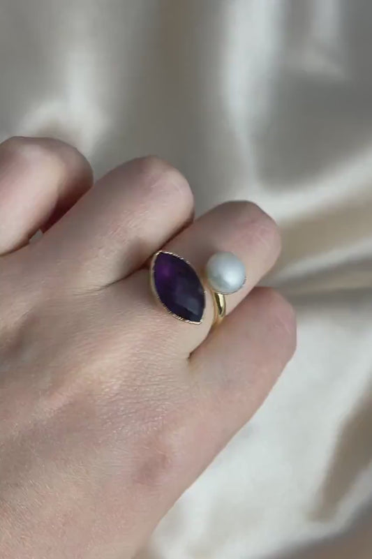 Amethyst Ring, Freshwater Pearl Ring, Gold Adjustable Multistone Statement Rings, Gift Women, M7-11