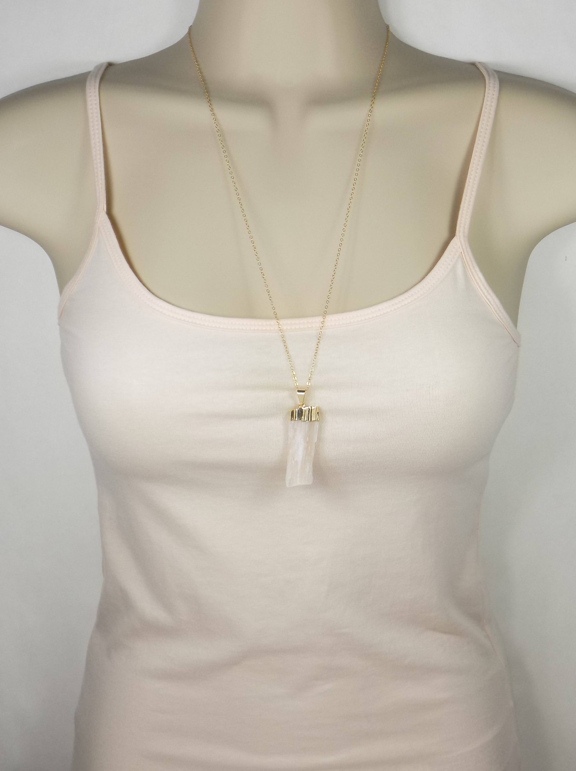 Pink Selenite Necklace - Raw Selenite Necklace Gold Layer Boho