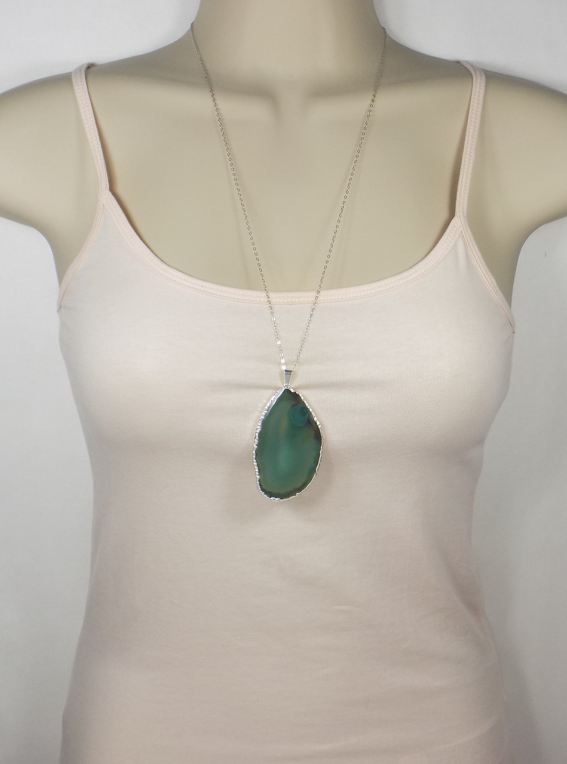 Agate Necklace Silver, Green Agate Pendant Necklace, Sliced Agate Statement Necklace, Boho Long Stone Necklace, Geode Necklace, G13-258