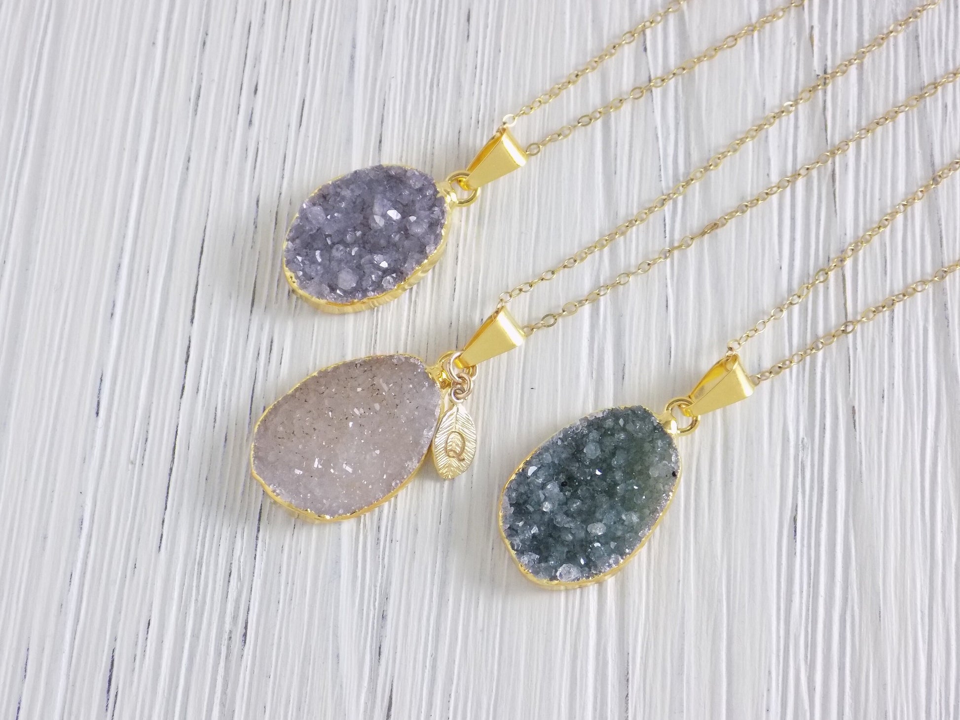 Personalized Druzy Necklace Gold Fill Chain - Drusy Pendant Necklaces For Women