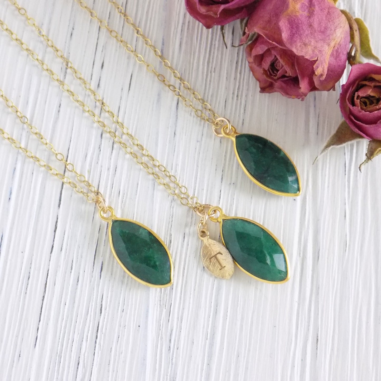 Emerald Necklace - Personalized Emerald Necklace Gold Fill - Raw Emerald - May Birthstone Necklace - Marquise Emerald - Christmas Gift
