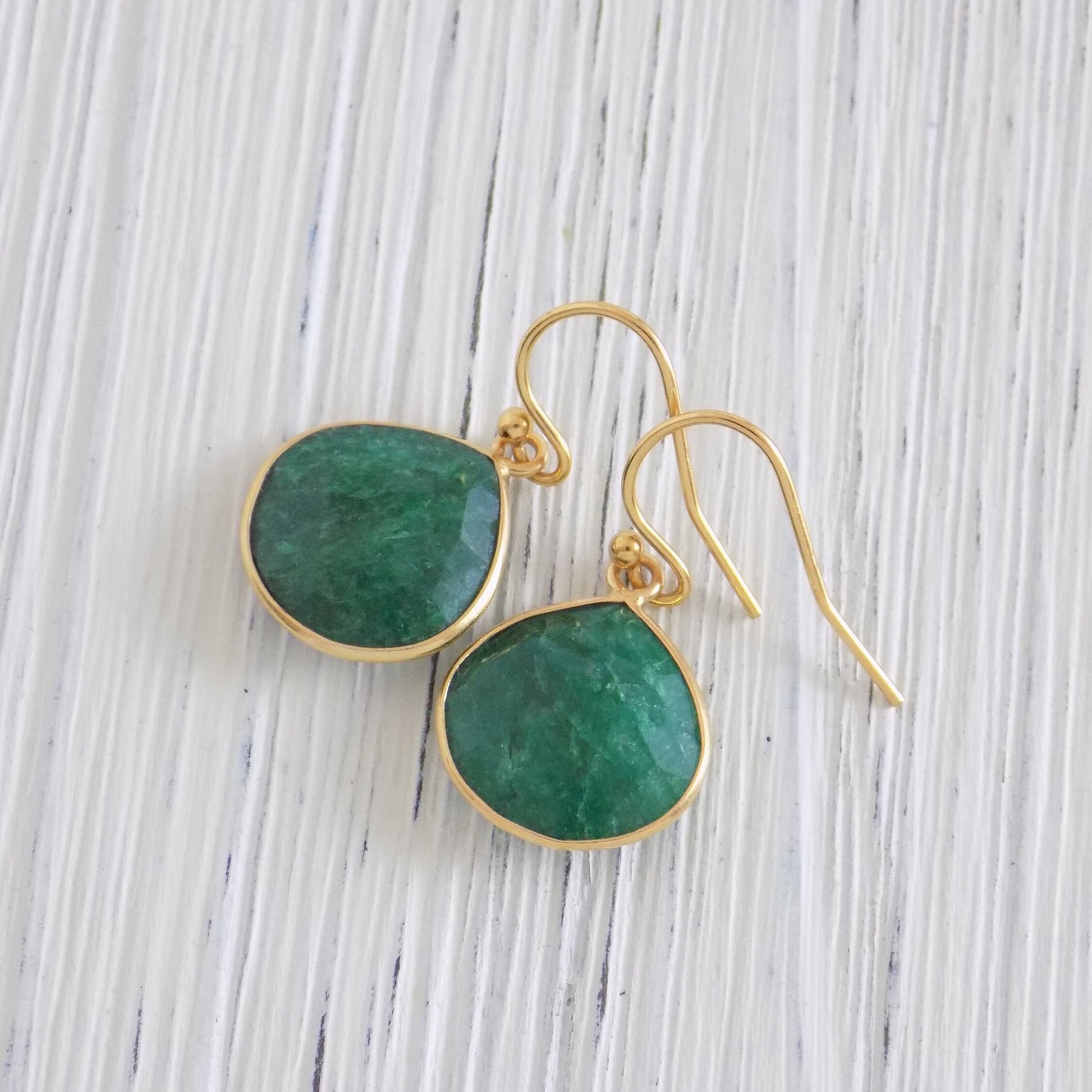 Emerald Gemstone Earrings Gold, Dark Green Genuine Raw Emerald Drop, Mothers Gift, M1-21