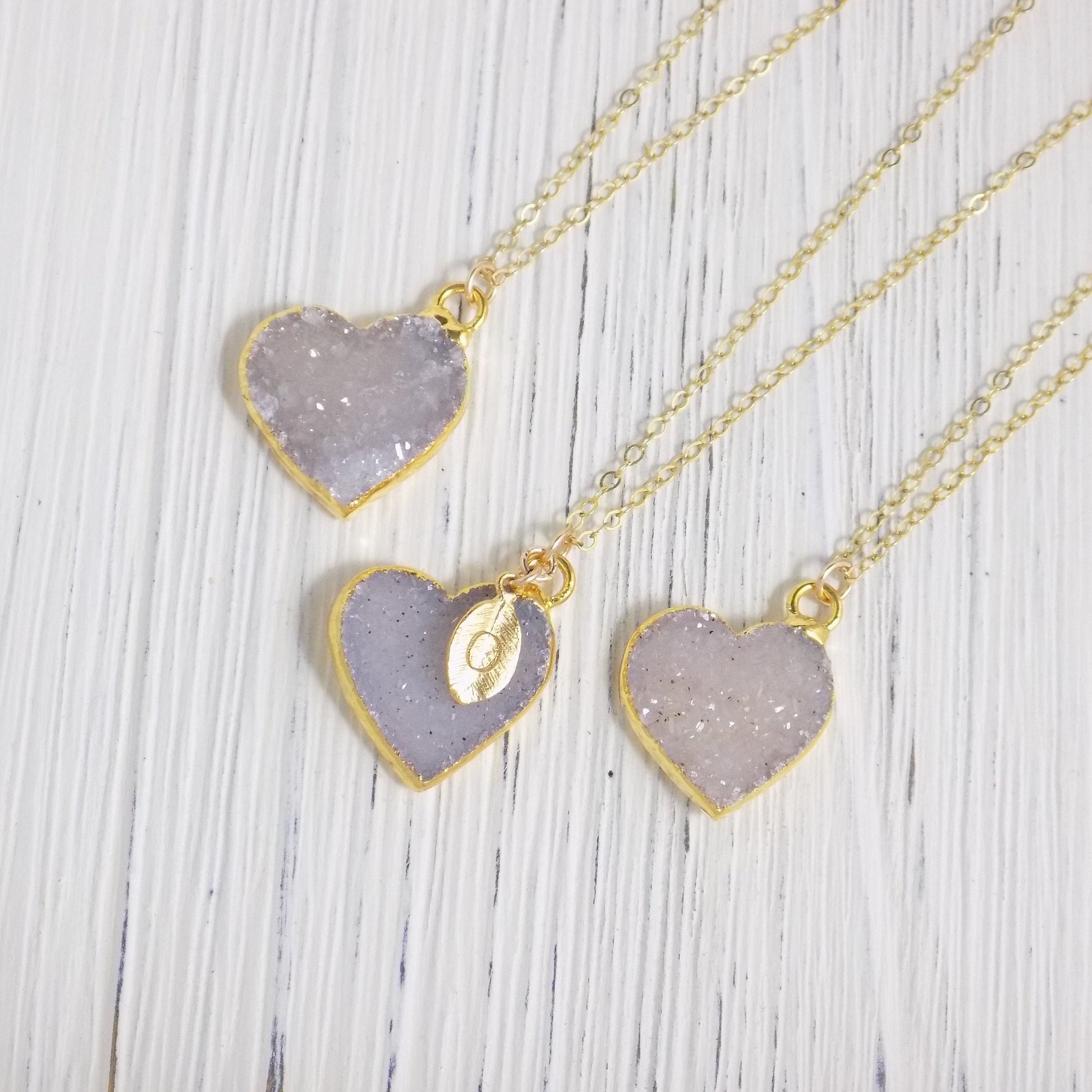 Small Heart Druzy Natural Gemstone Necklace on 14K Gold Filled chain, Custom Stamped Initial Charm, R10-07