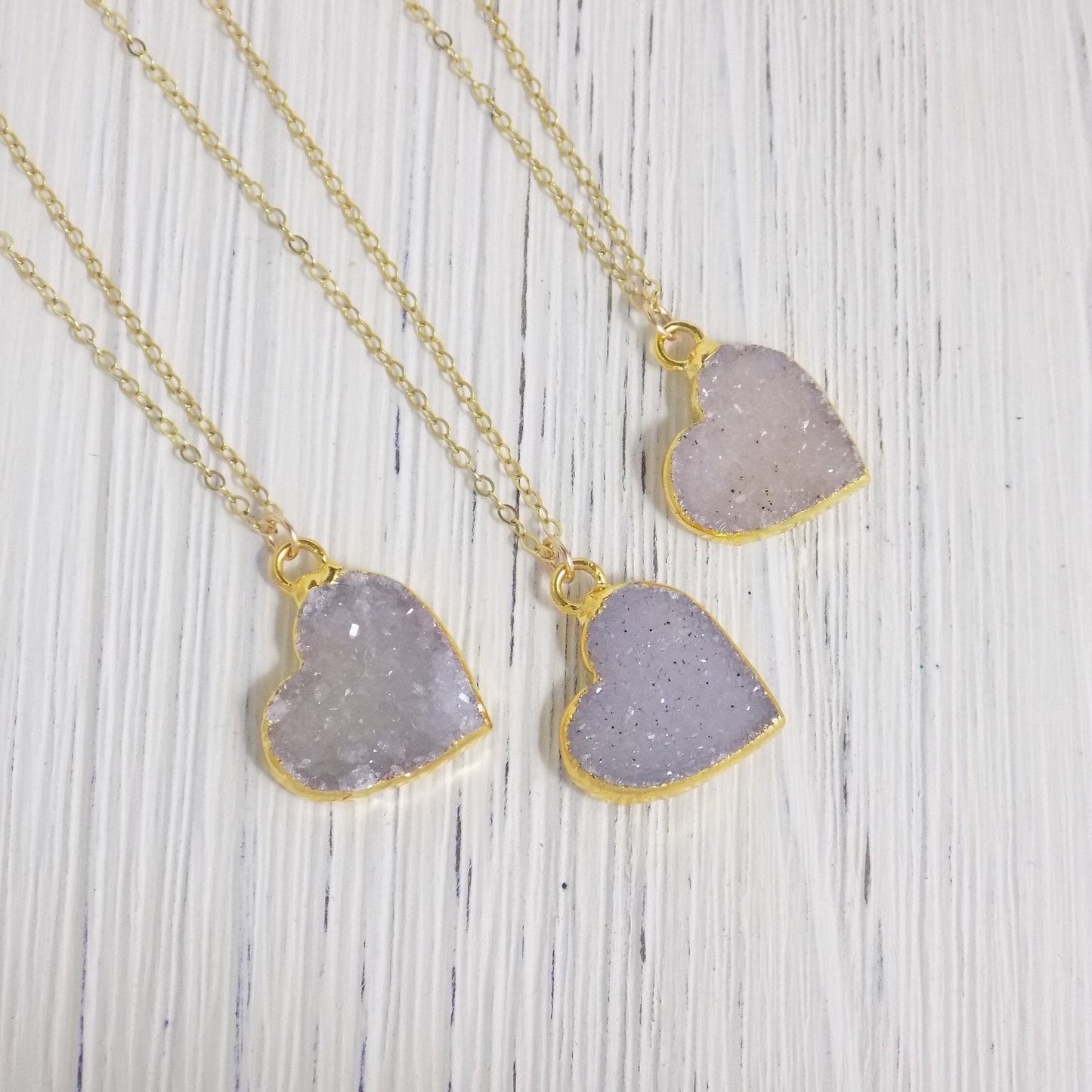 Small Heart Druzy Natural Gemstone Necklace on 14K Gold Filled chain, Custom Stamped Initial Charm, R10-07