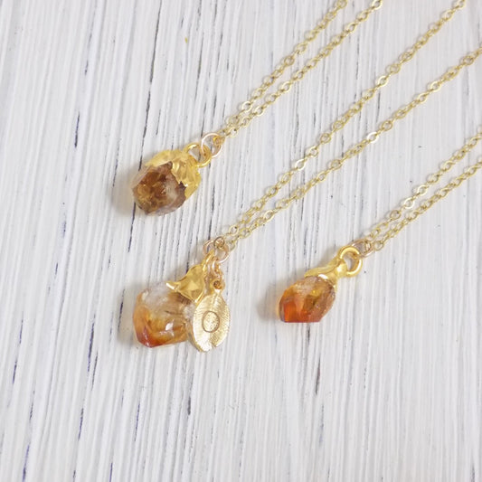 Tiny Citrine Crystal Necklace - Personalized Raw Citrine Necklace