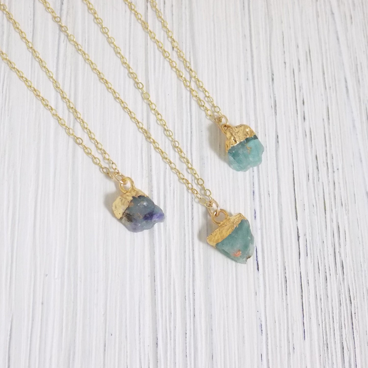 Tiny Raw Fluorite Natural Gemstone Necklaces on 14K Gold Filled Chain, Christmas Gift Women, M1-12