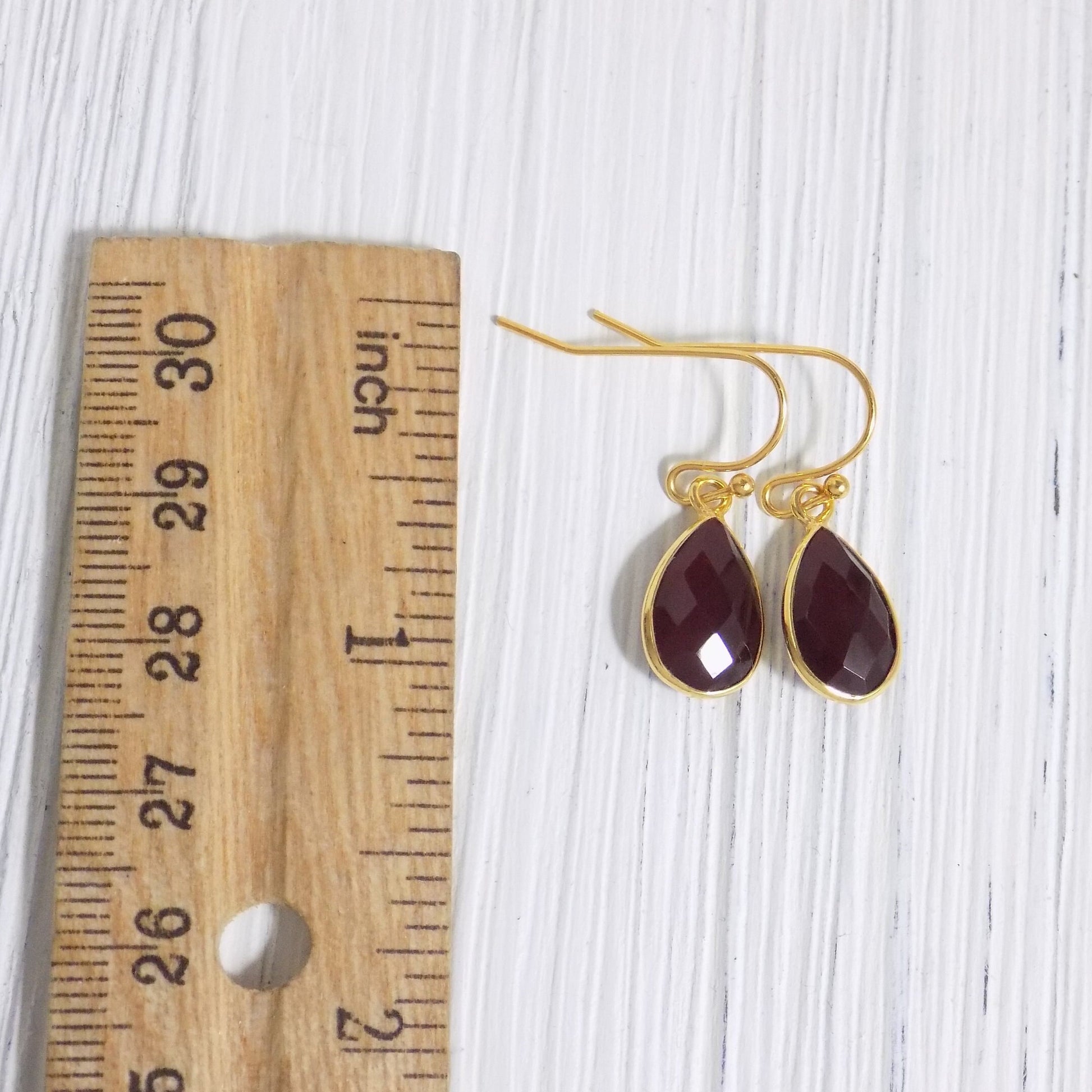 Small Garnet Earrings Gold, Dark Red Stone Drop Earring Burgundy, Teardrop Faceted Crystal Dangle, Bridesmaid Gifts, M4-42