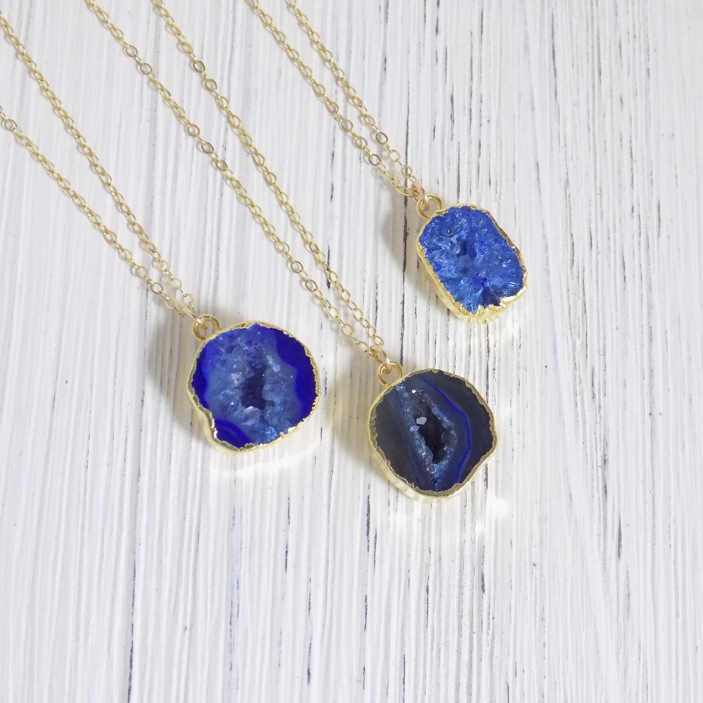 Small Geode Necklace Gold, Blue Geode Cave Pendant Druzy, Raw Natural Stone, Christmas Gift For Daughter, G9-1368