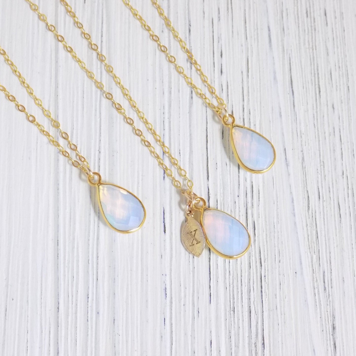 Mothers Day Gift, Opalite Necklace Gold, Personalized Initial, Teardrop Stone Necklace, Opal Jewelry Gifts Mom, Gift For Wife, M4-65