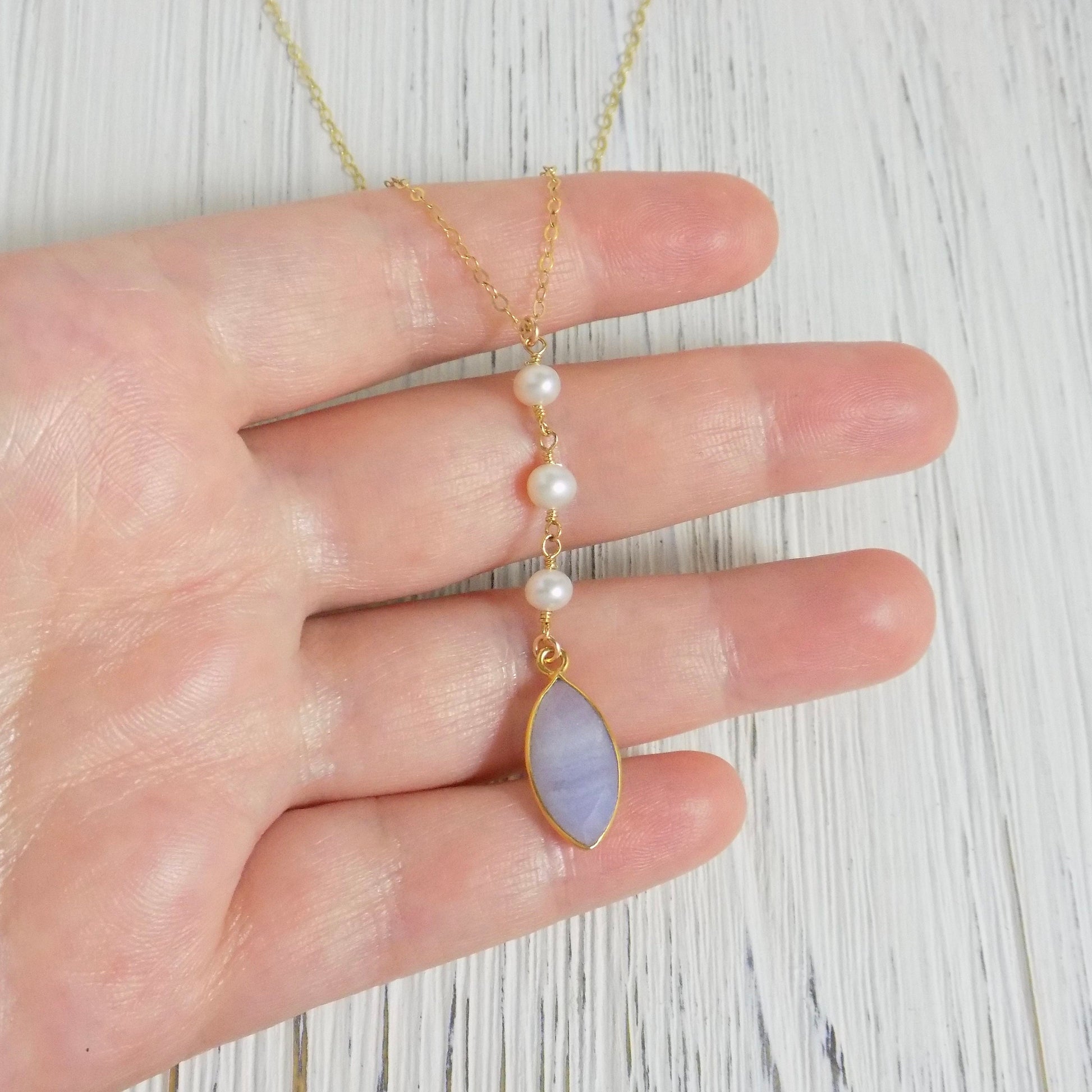 Blue Lace Agate Necklace - Pearl Y Necklace