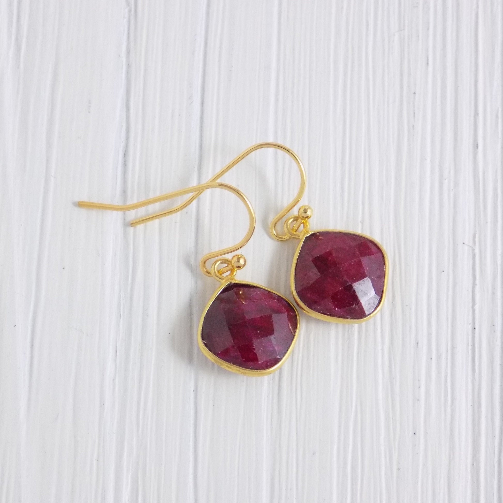 Cushion Cut Raw Ruby Drop Earrings Gold, July Birthstone, Dark Pink Gemstone, Gifts For Mom, M3-14
