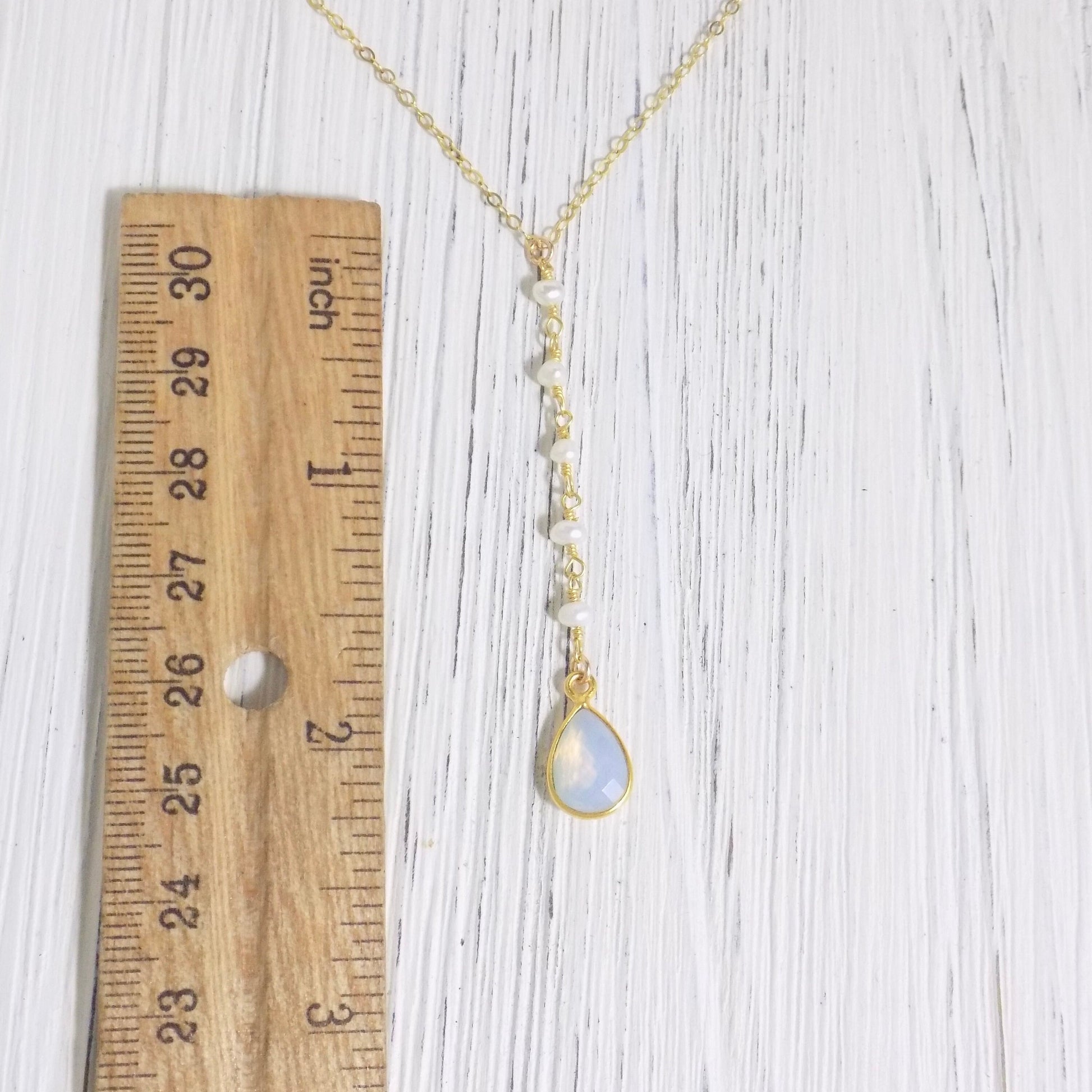 Freshwater Pearl Y Necklace Gold, Opal Lariat Necklace Gold, Opalite October Birthstone, Gifts For Wife, M4-107