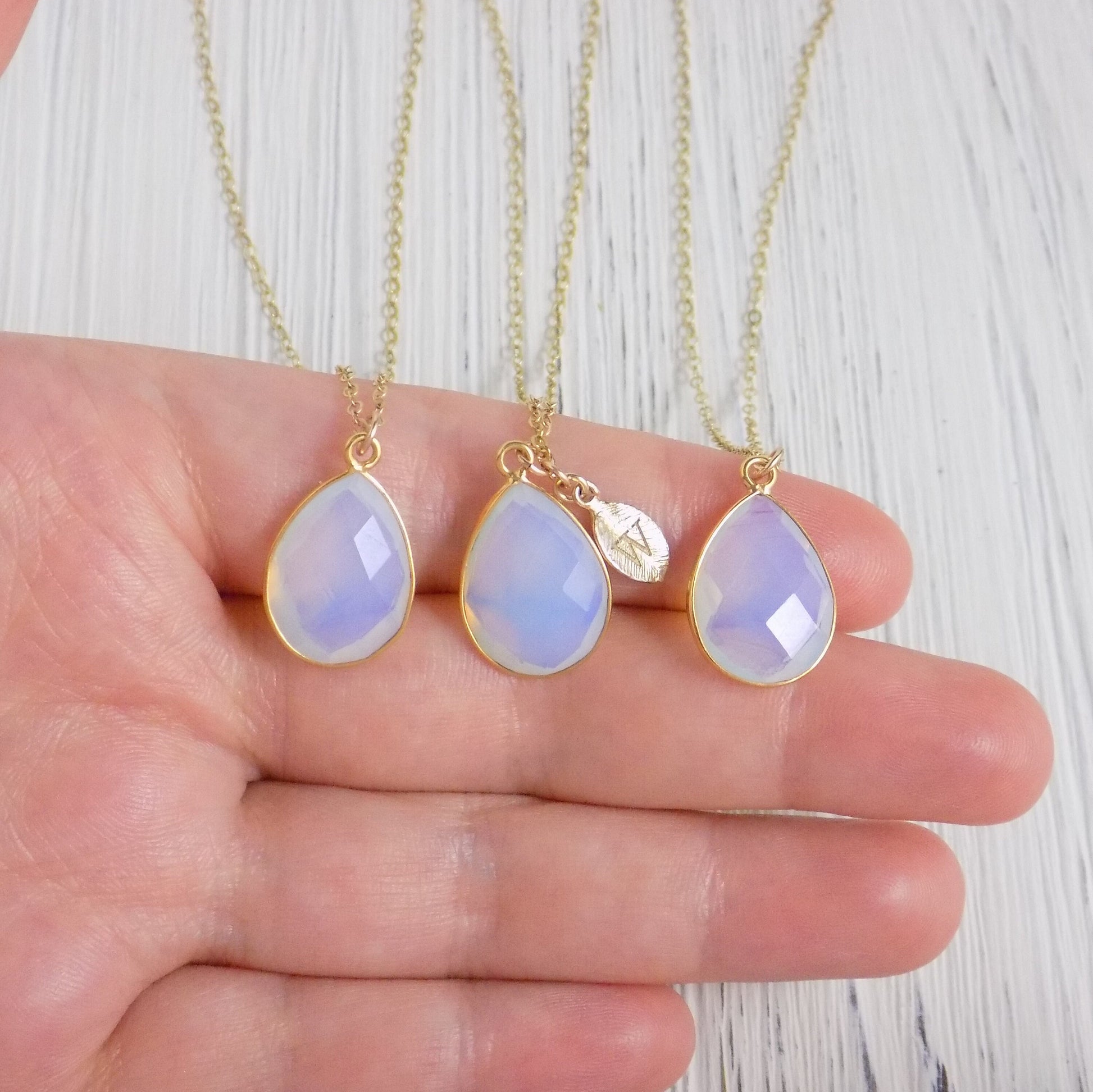 Valentines Day Gift, Personalized Opal Necklace on 14K Gold Filled Chain with Stamped Initial Charm, Opalite Pendant, M3-68