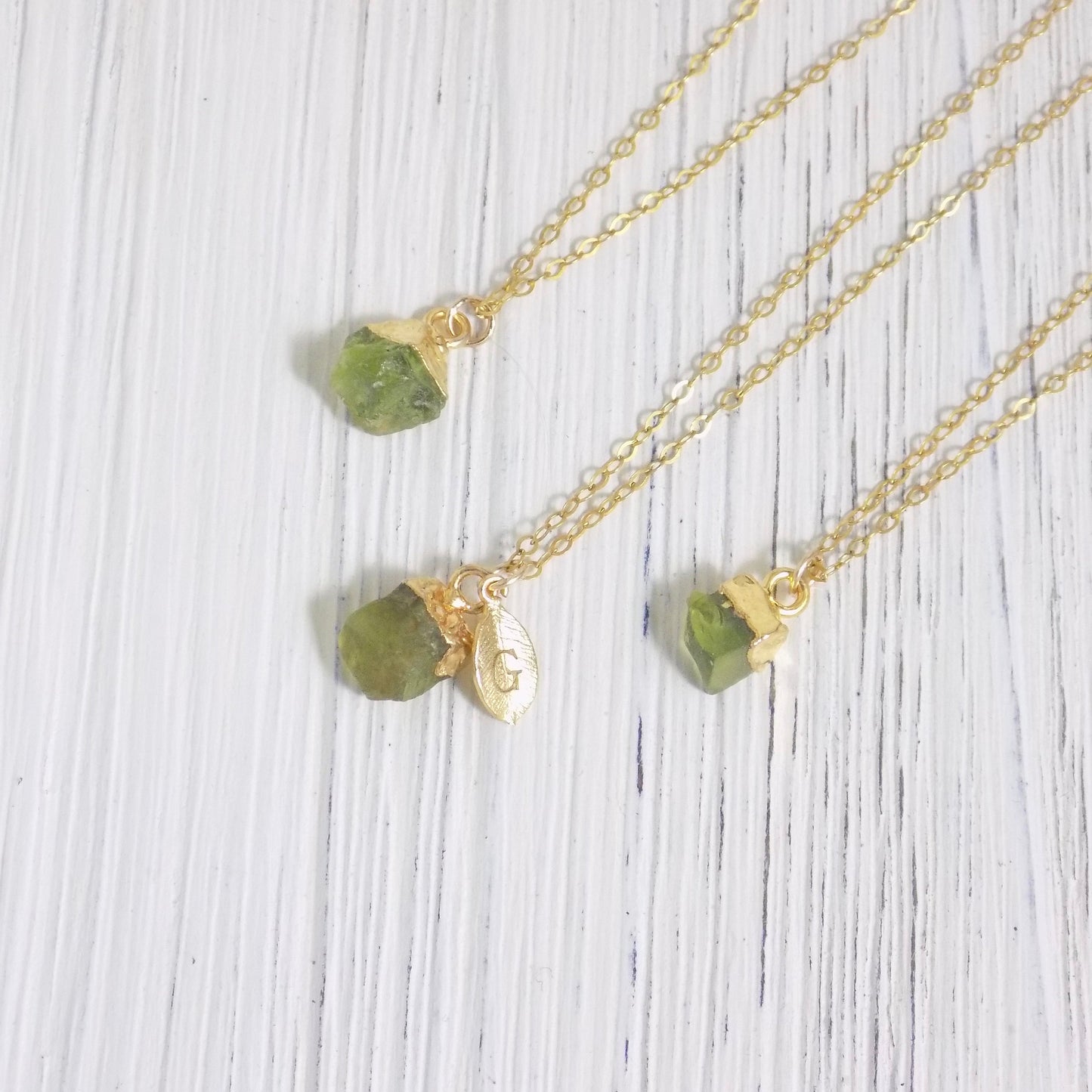 August Birthstone Tiny Raw Peridot Necklace Gold with Personalized Initial Charm, M6-722