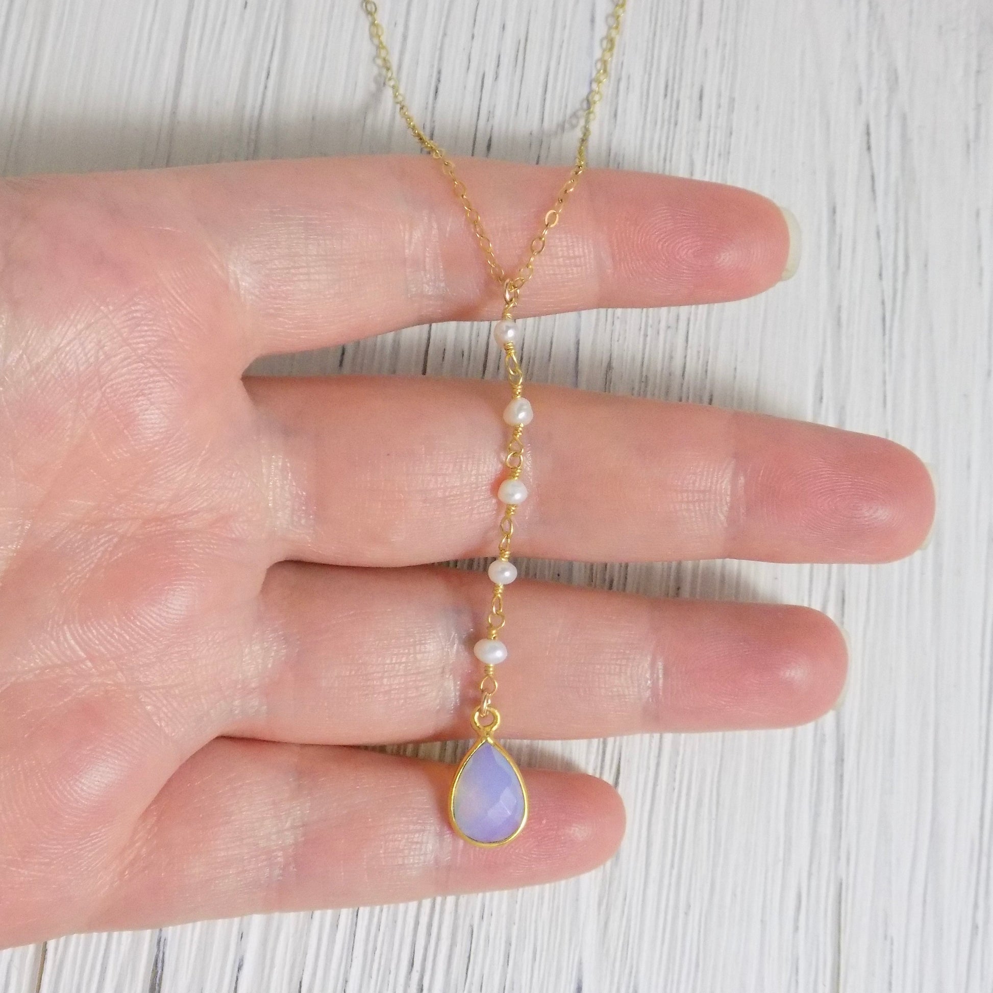 Freshwater Pearl Y Necklace Gold, Opal Lariat Necklace Gold, Opalite October Birthstone, Gifts For Wife, M4-107