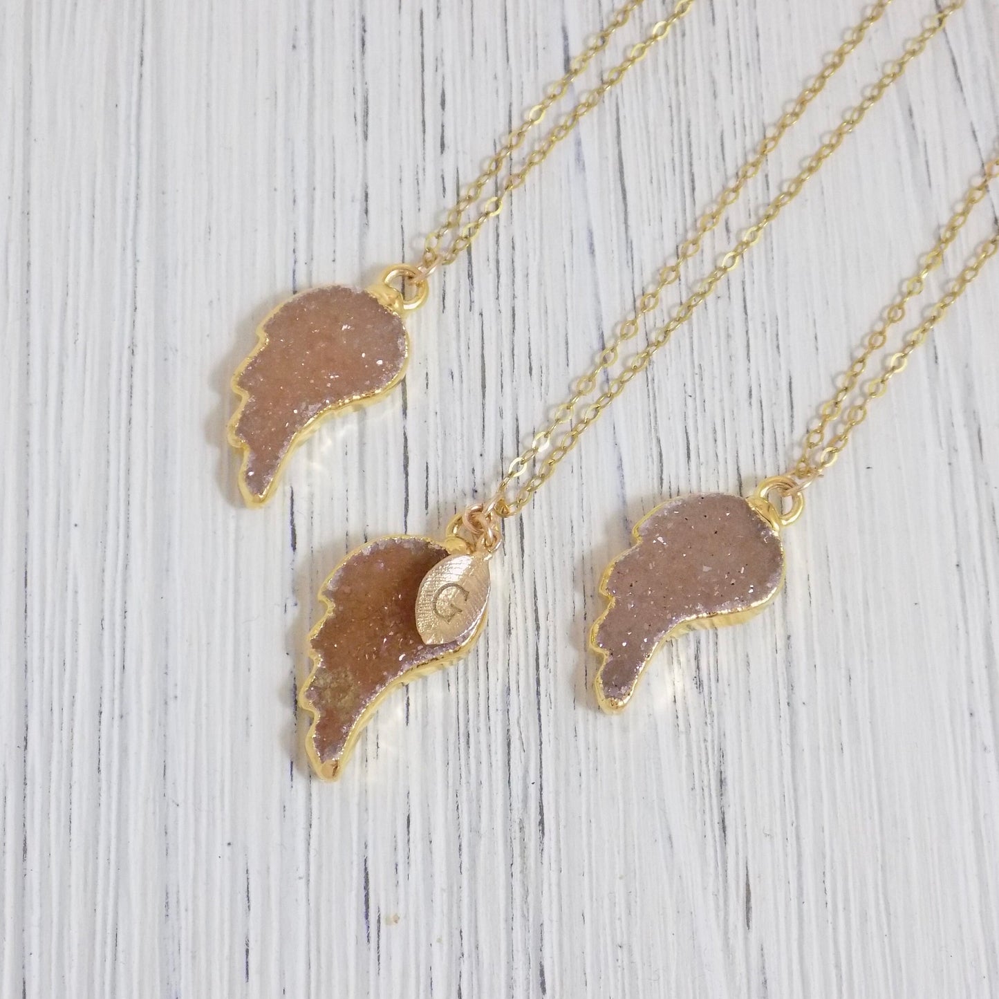 Personalized Angel Wing Necklace Gold Fill Chain - Citrine Drusy Necklace Druzy