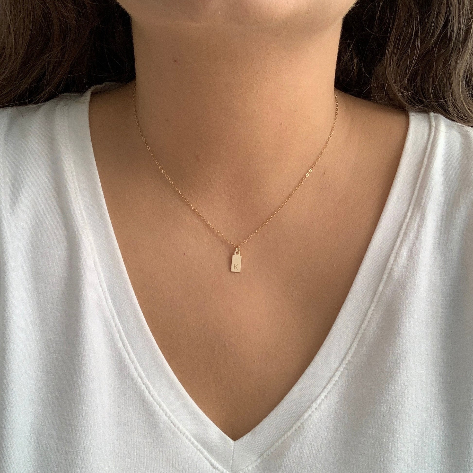 Initial Charm Necklace - Small Tag Initial Necklace Brushed Matte Satin Finish - 14K Gold Filled - Personalized Layering Necklace Gift Women