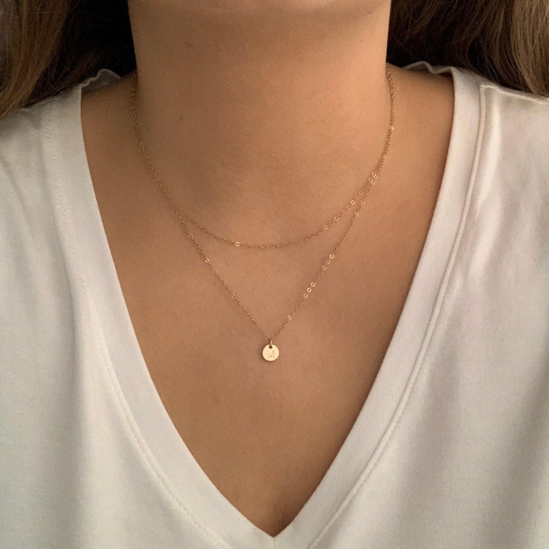 Layered Initial Necklaces For Women - Tiny Initial Necklace Brushed Matte Satin Finish 14K Gold Filled Personalized Initial - Christmas Gift