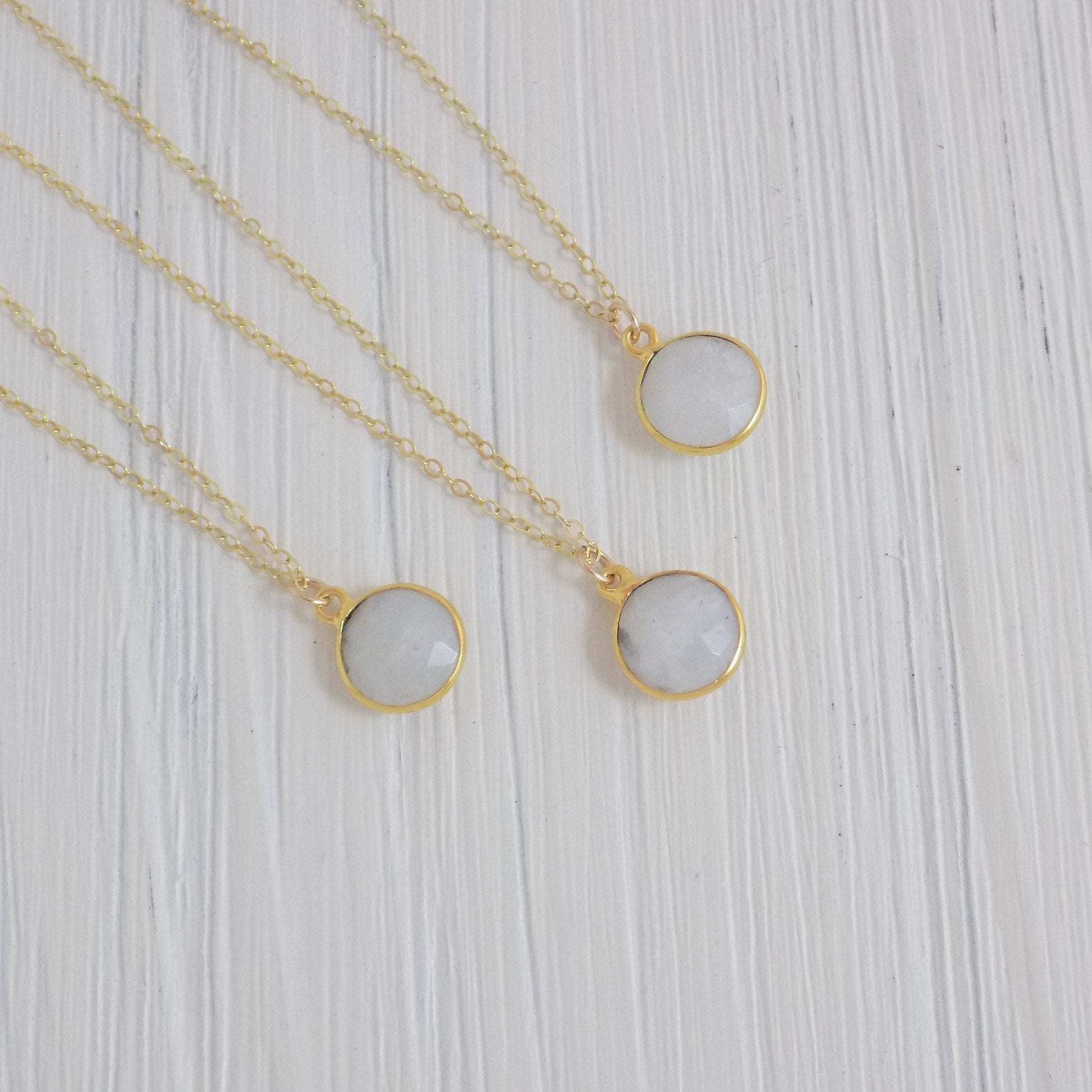 Round Moonstone Gemstone Necklace with Personalized Initial Gold, White Crystal, M3-12