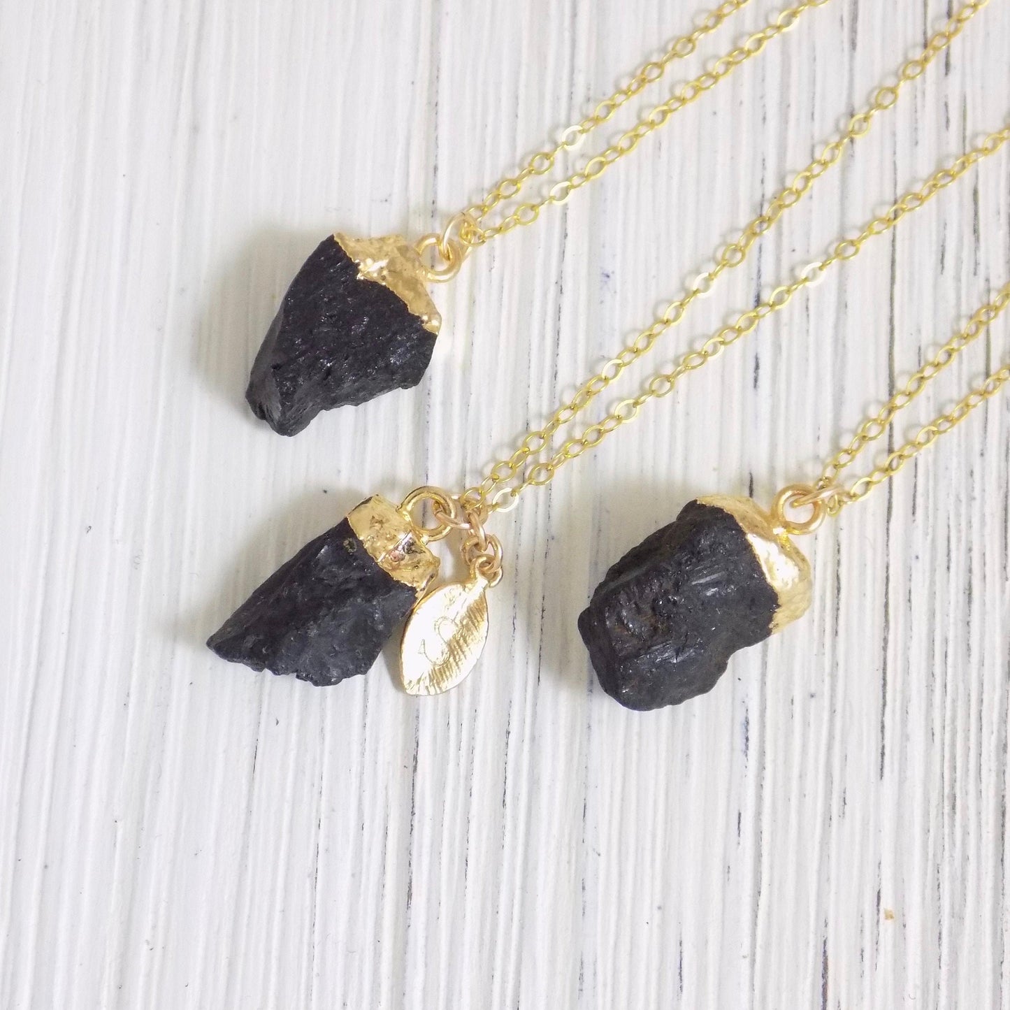 Small Natural Raw Black Tourmaline Gemstone Necklace With Custom Initial Gold, M5-01