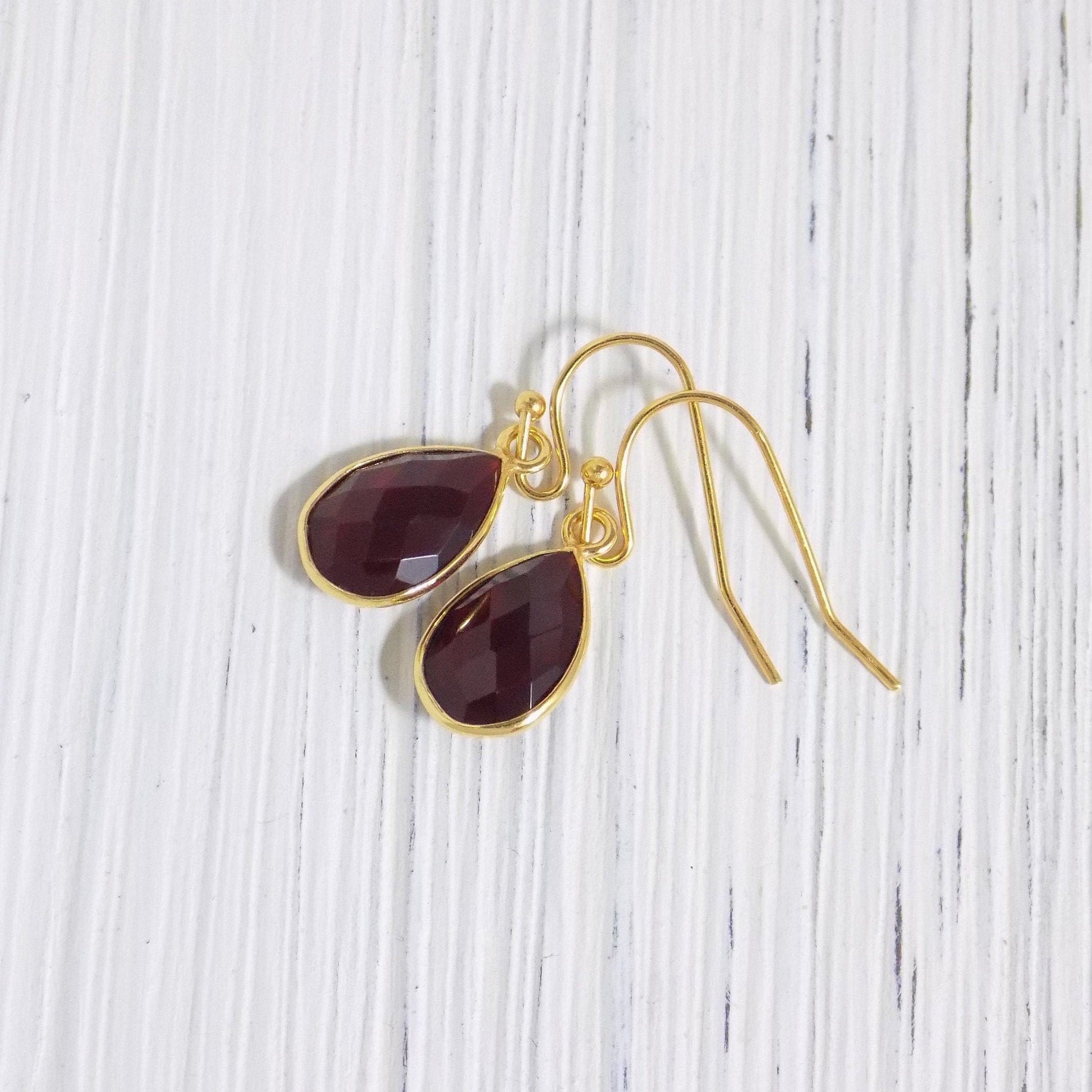 Small Garnet Earrings Gold, Dark Red Stone Drop Earring Burgundy, Teardrop Faceted Crystal Dangle, Bridesmaid Gifts, M4-42