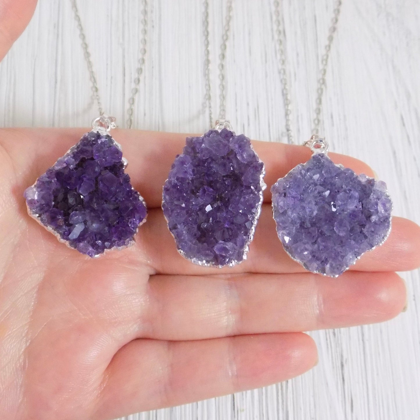 Raw Amethyst Necklace Sterling Silver Chain - Purple Druzy Necklace