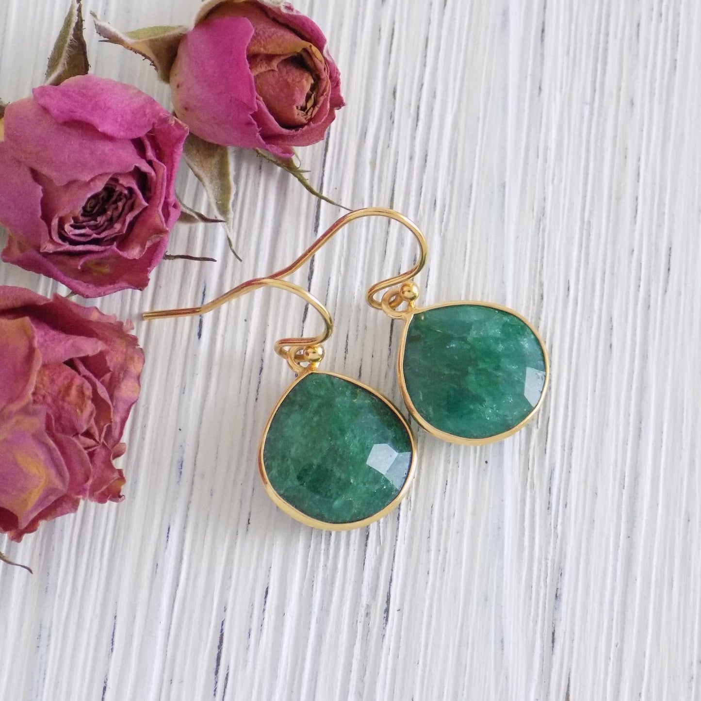 Emerald Gemstone Earrings Gold, Dark Green Genuine Raw Emerald Drop, Mothers Gift, M1-21