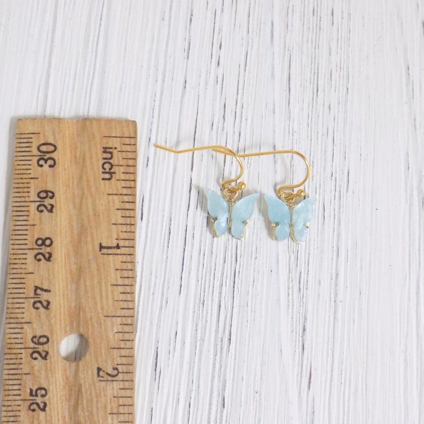 Small Butterfly Drop Earrings Blue and Gold Minimalist Dangle, L2-17