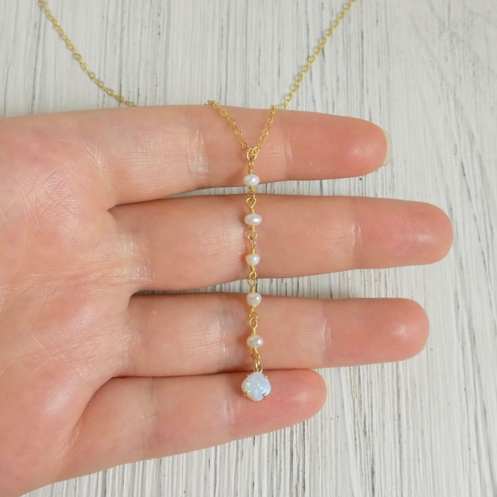 Opal Lariat Necklace Gold - Pearl Y Necklace