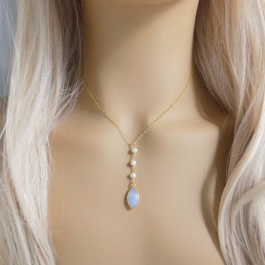 Blue Lace Agate Necklace - Pearl Y Necklace - Lariat Necklace -Calming Stone - Christmas Gift
