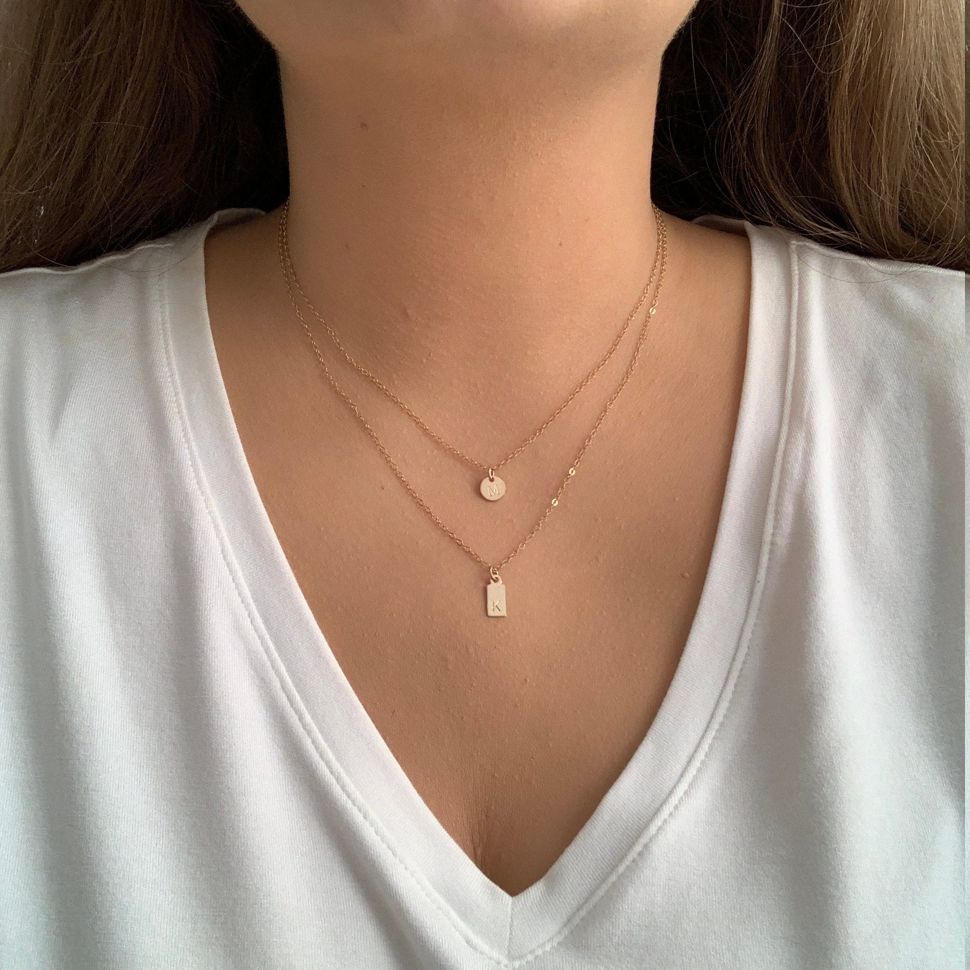 Layered Initial Necklaces - Dainty Initial Necklace Set Of 2 - 14K Gold Filled Brushed Matte Satin Finish - Christmas Gift Women - Z1-61