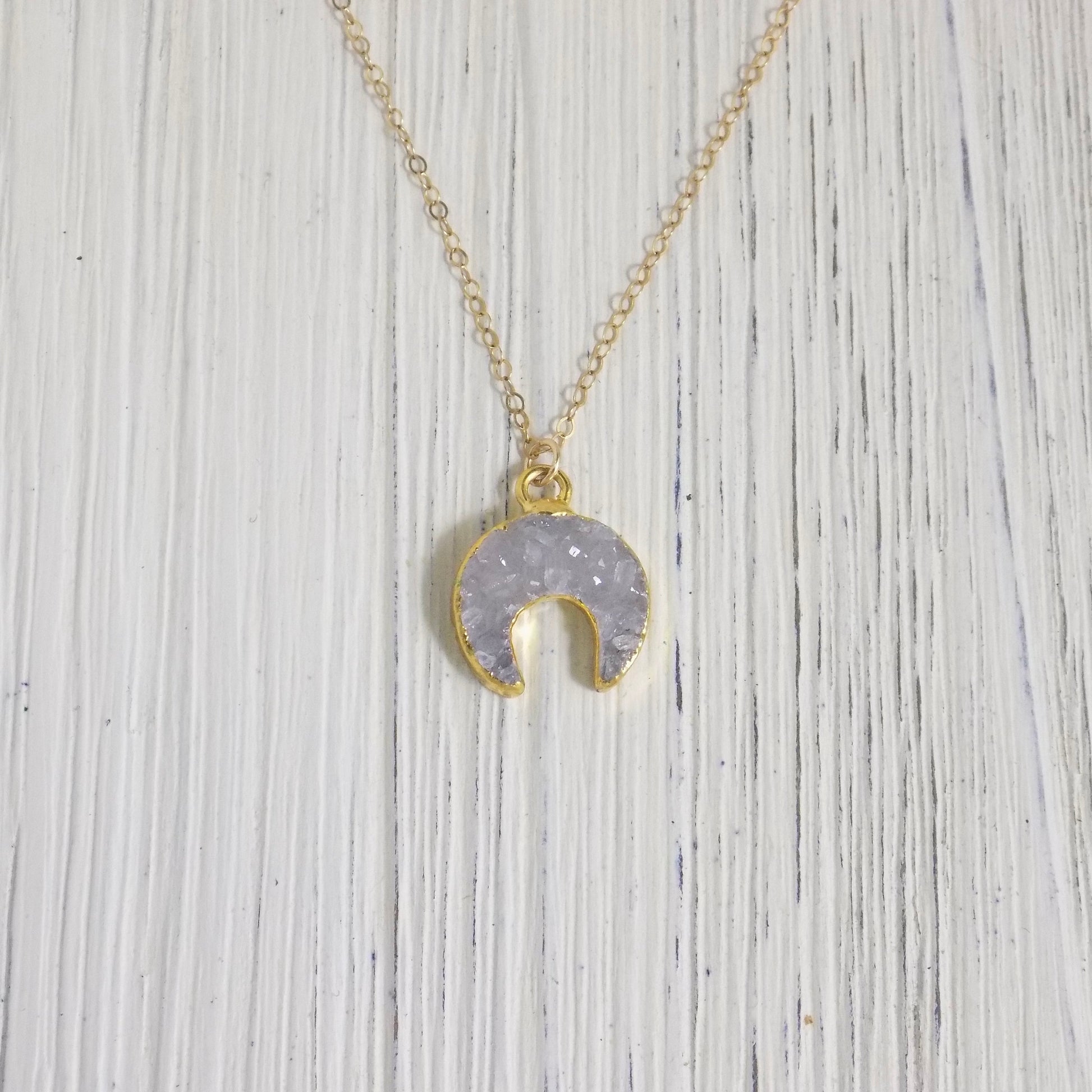 Minimalist Double Horn Druzy Necklace, Crescent Moon Pendant Gold For Layering, R5-13