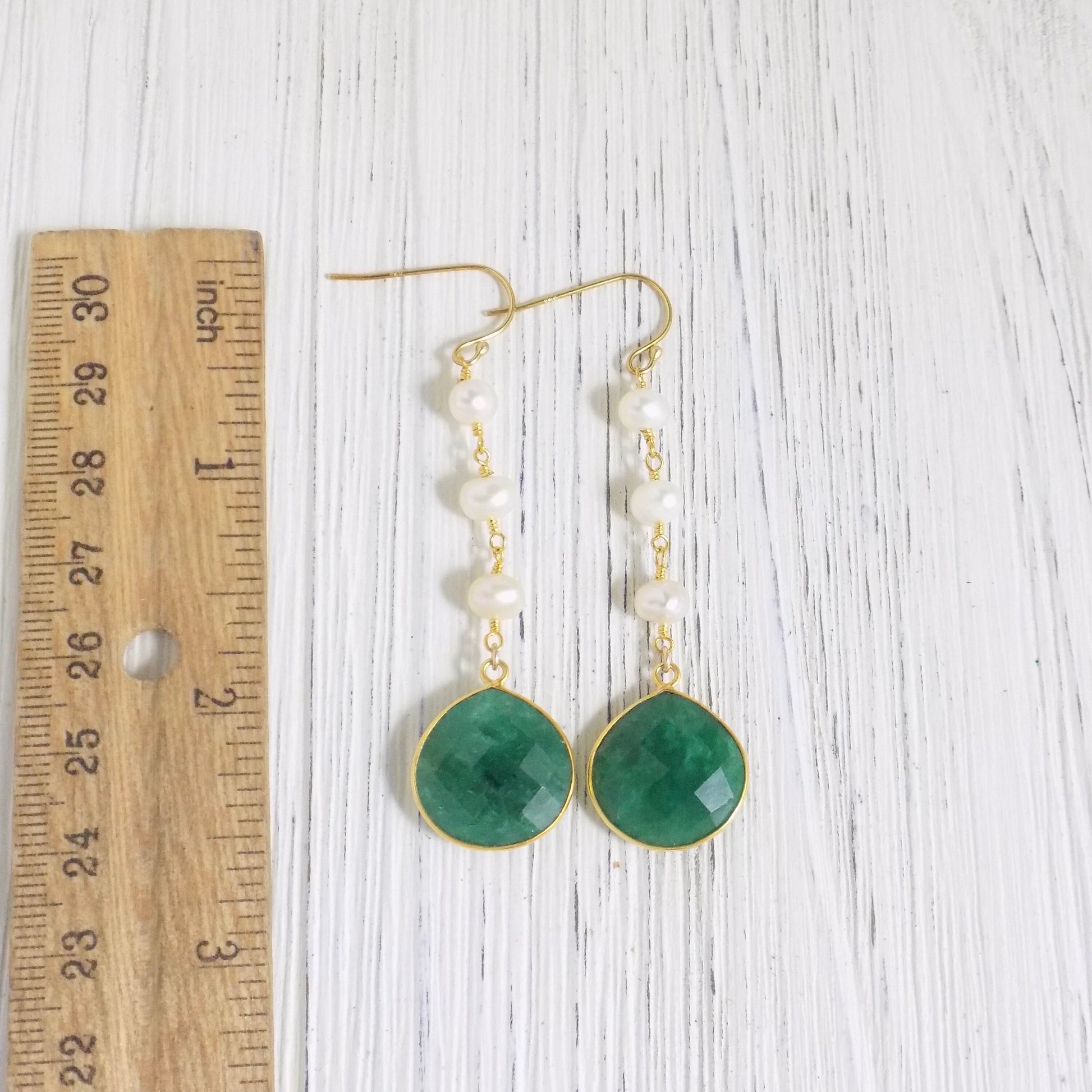 Green Emerald and Pearl Drop Earrings Gold, Mothers Day Gift, M5-347