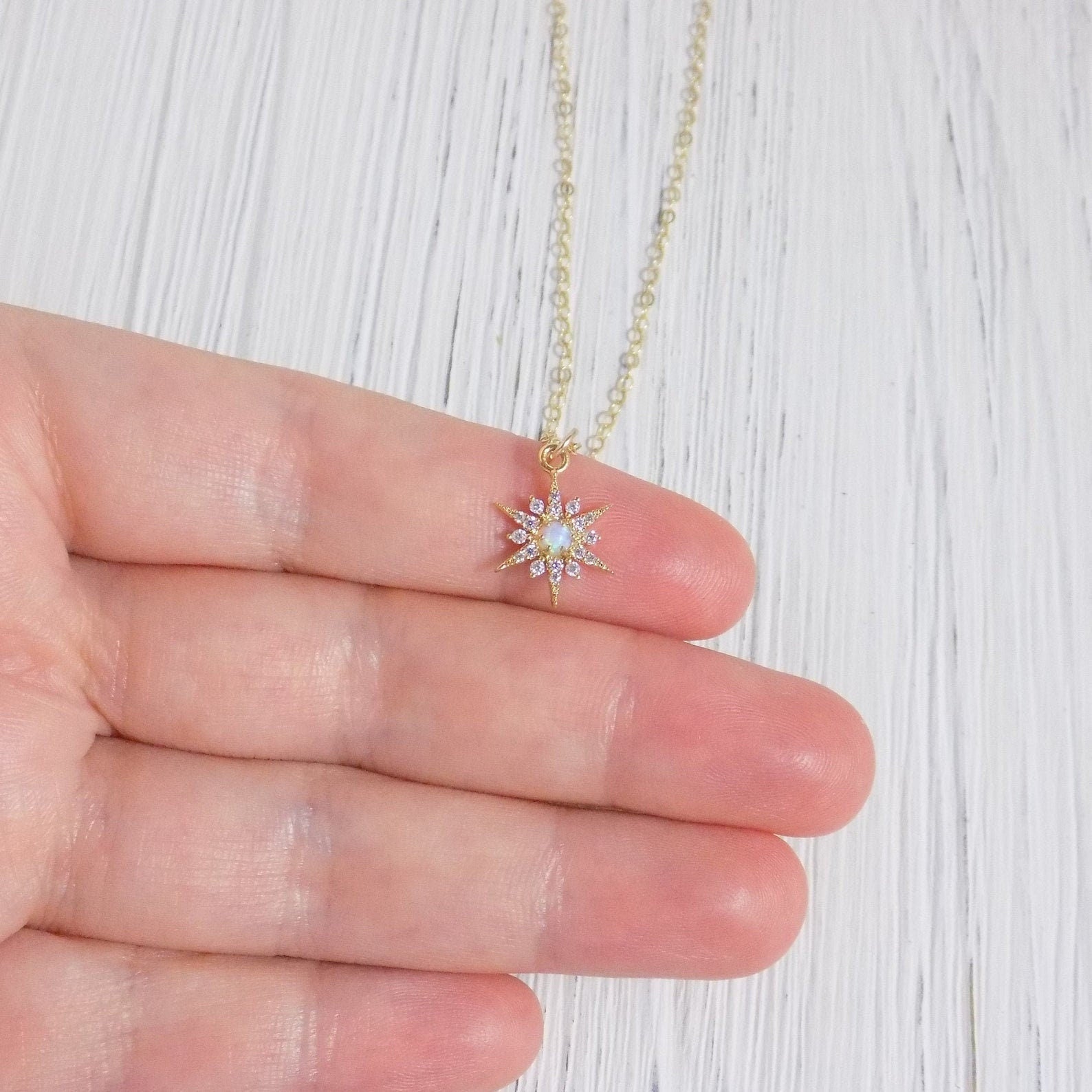 Gold Opal Star Burst Necklace - Layering Necklace - October Birthday Gift Woman