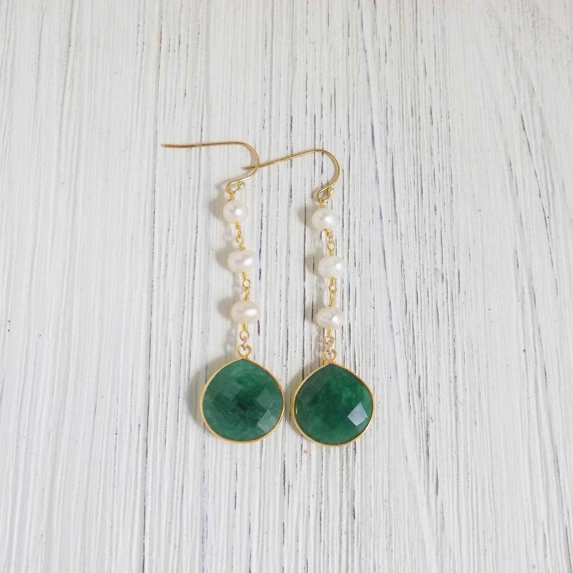 Green Emerald and Pearl Drop Earrings Gold, Mothers Day Gift, M5-347