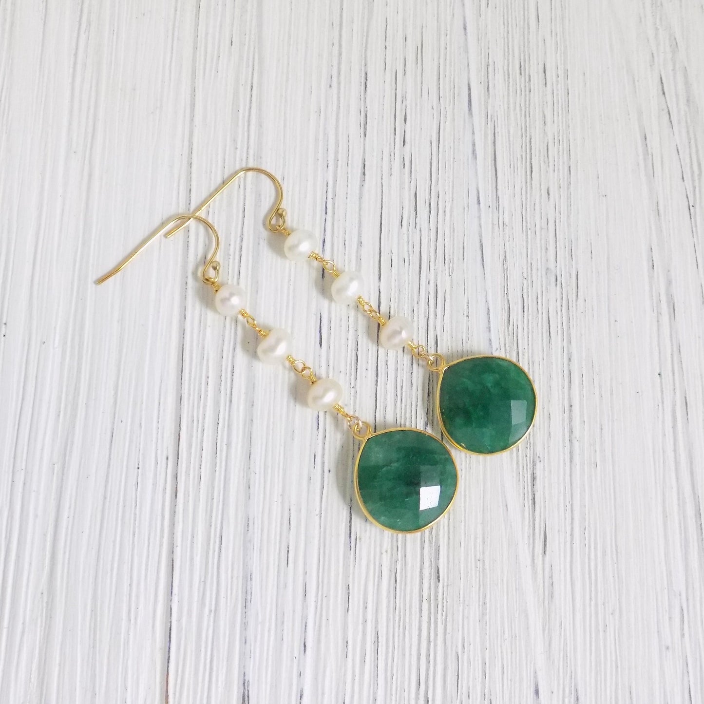 Green Emerald and Pearl Drop Earrings Gold, Mothers Day Gift, M5-347