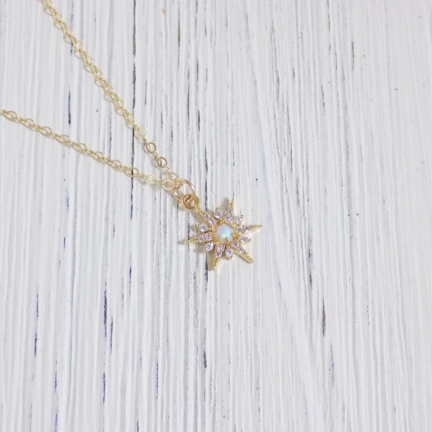Opal Star Burst Necklace Gold, Minimalist Cubic Zirconia Charm For Women, L1-04