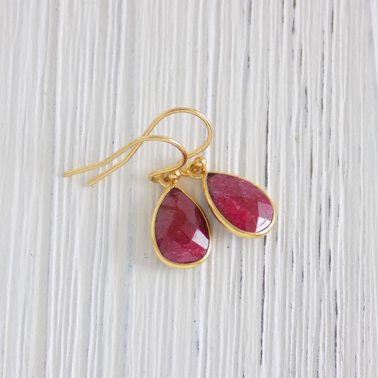 Small Ruby Earrings - Ruby Drop Earrings - July Birthstone - Dark Pink Stone Earrings Gold Earrings - July Birthday Gift Women - M2-53