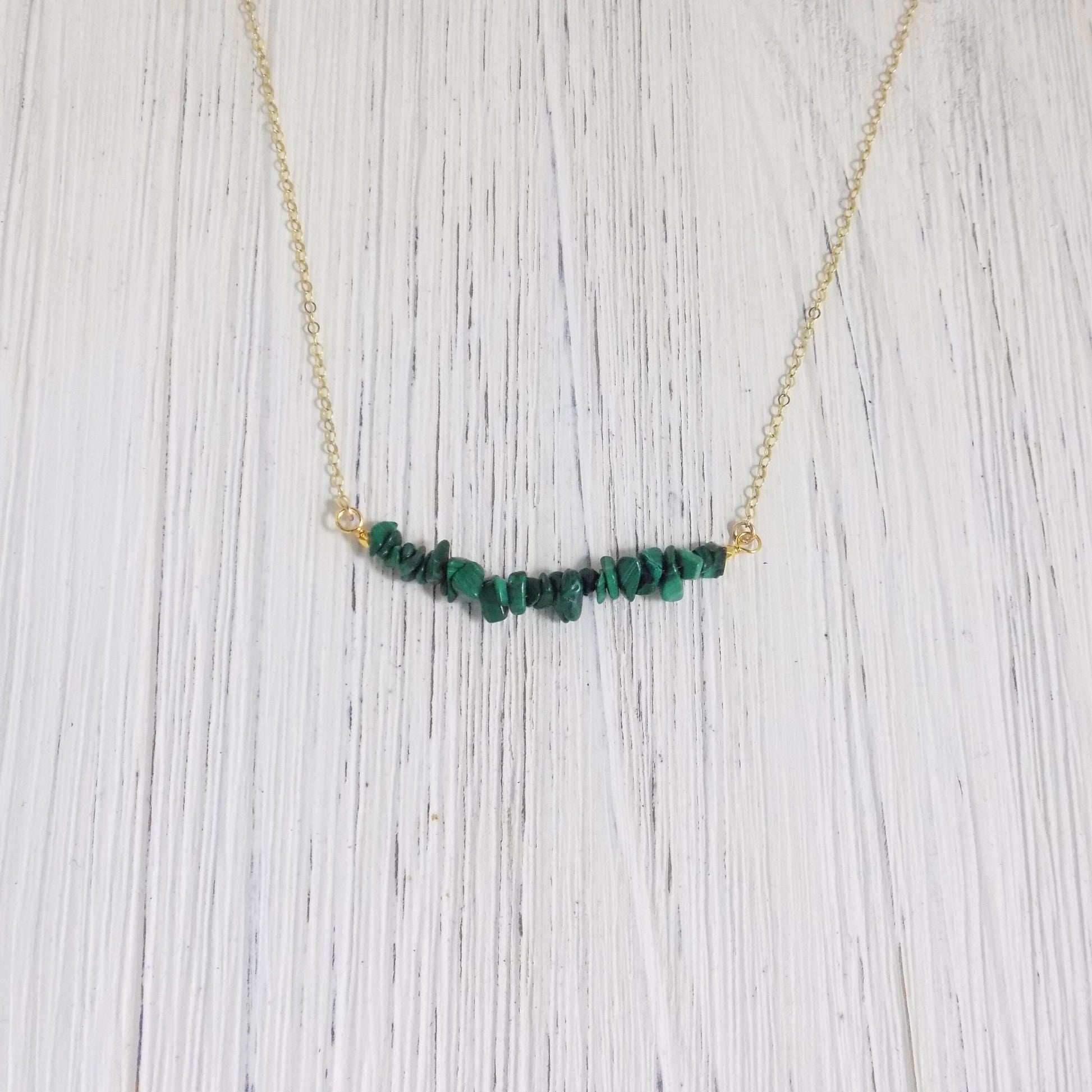 Green Malachite Gemstone Bar Necklace on 14K Gold Filled Chain, M5-332