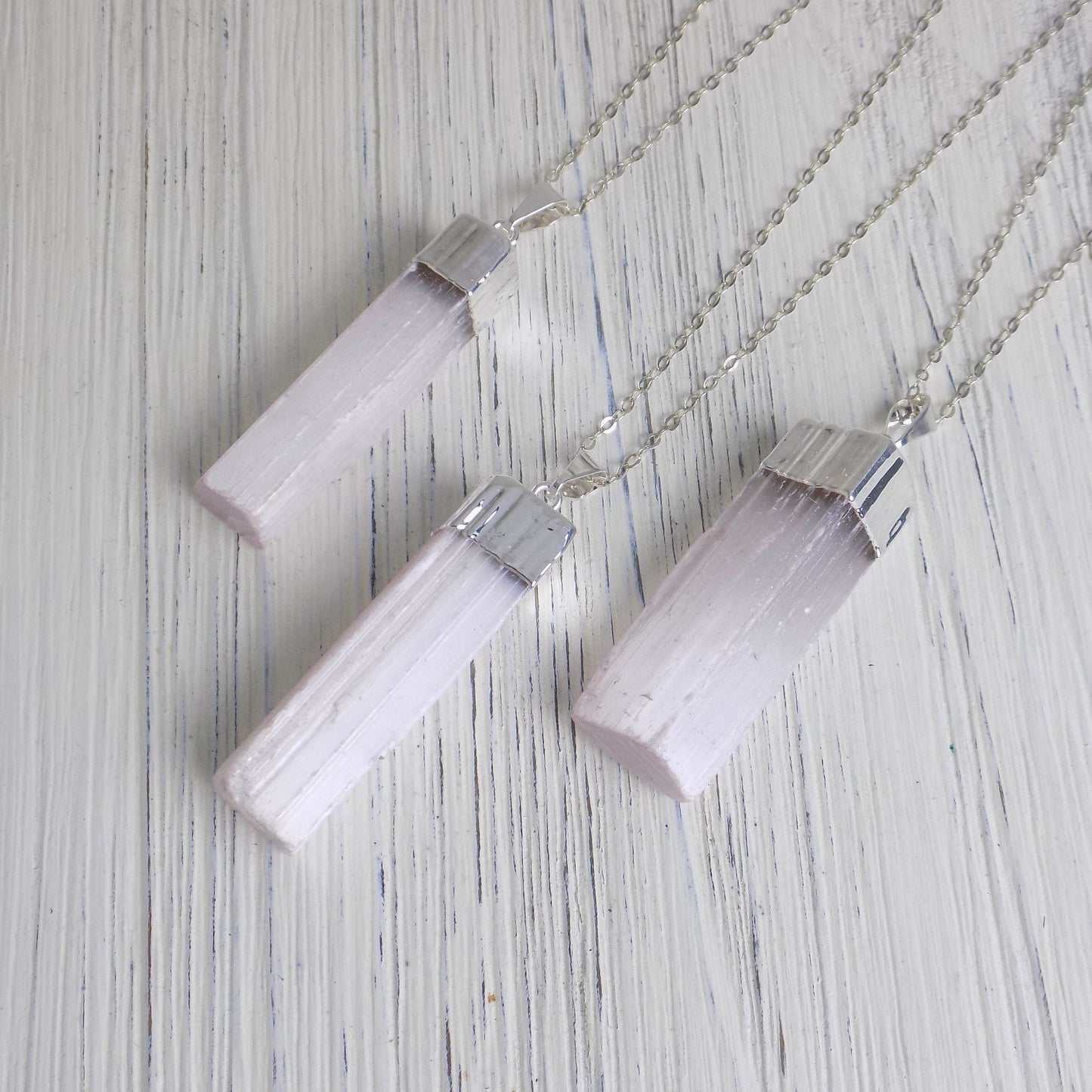 Pink Selenite Necklace Silver, Raw Selenite Pendant, Boho Healing Crystal, Cleansing Calming Stone, Christmas Gift Women, G13-91