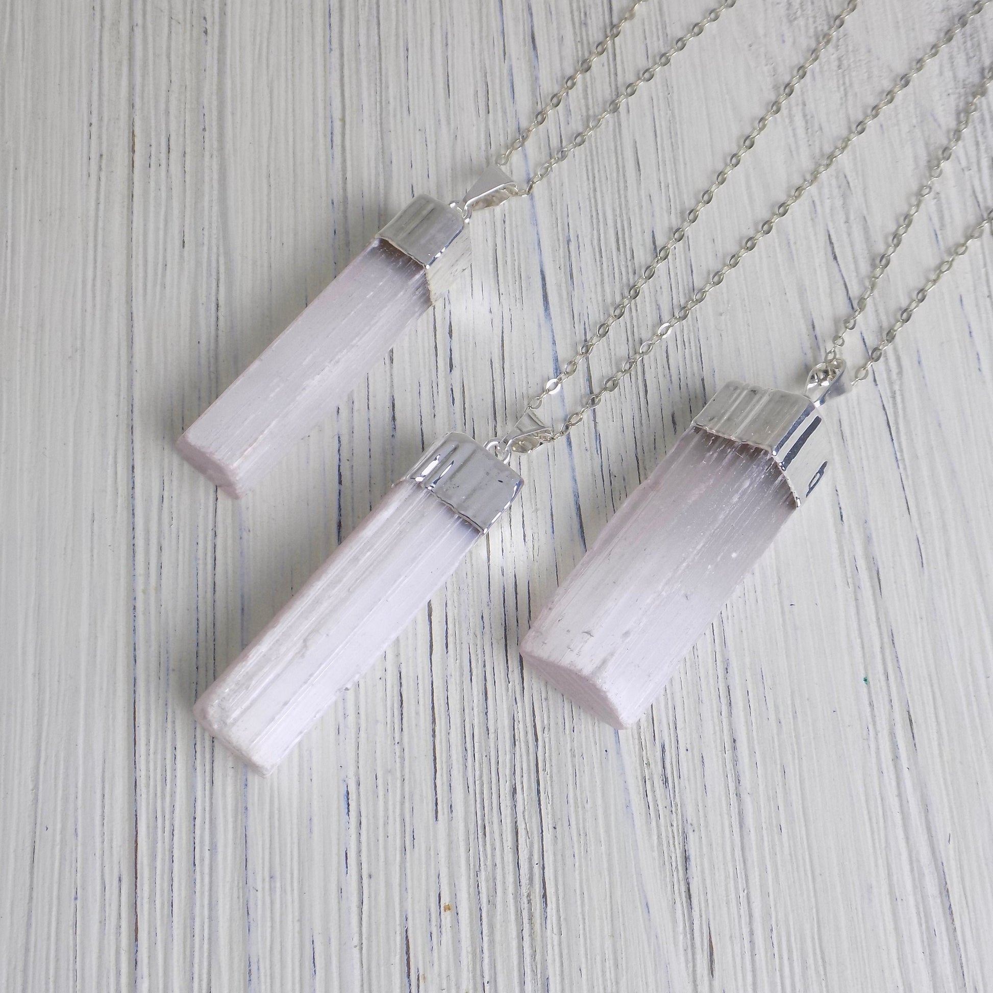 Pink Selenite Necklace Silver, Raw Selenite Pendant, Boho Healing Crystal, Cleansing Calming Stone, Christmas Gift Women, G13-91