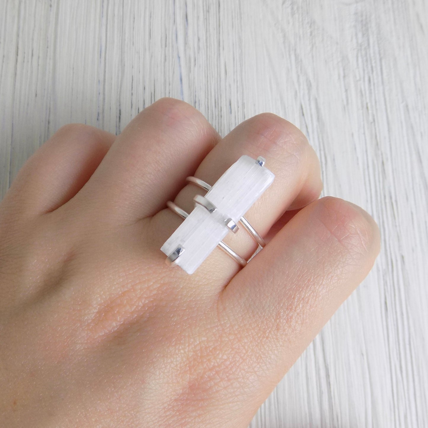 Boho White Crystal Rings For Women, Raw White Selenite, Calming Chakra Stone Large, Adjustable Band Silver Plated, G13-100