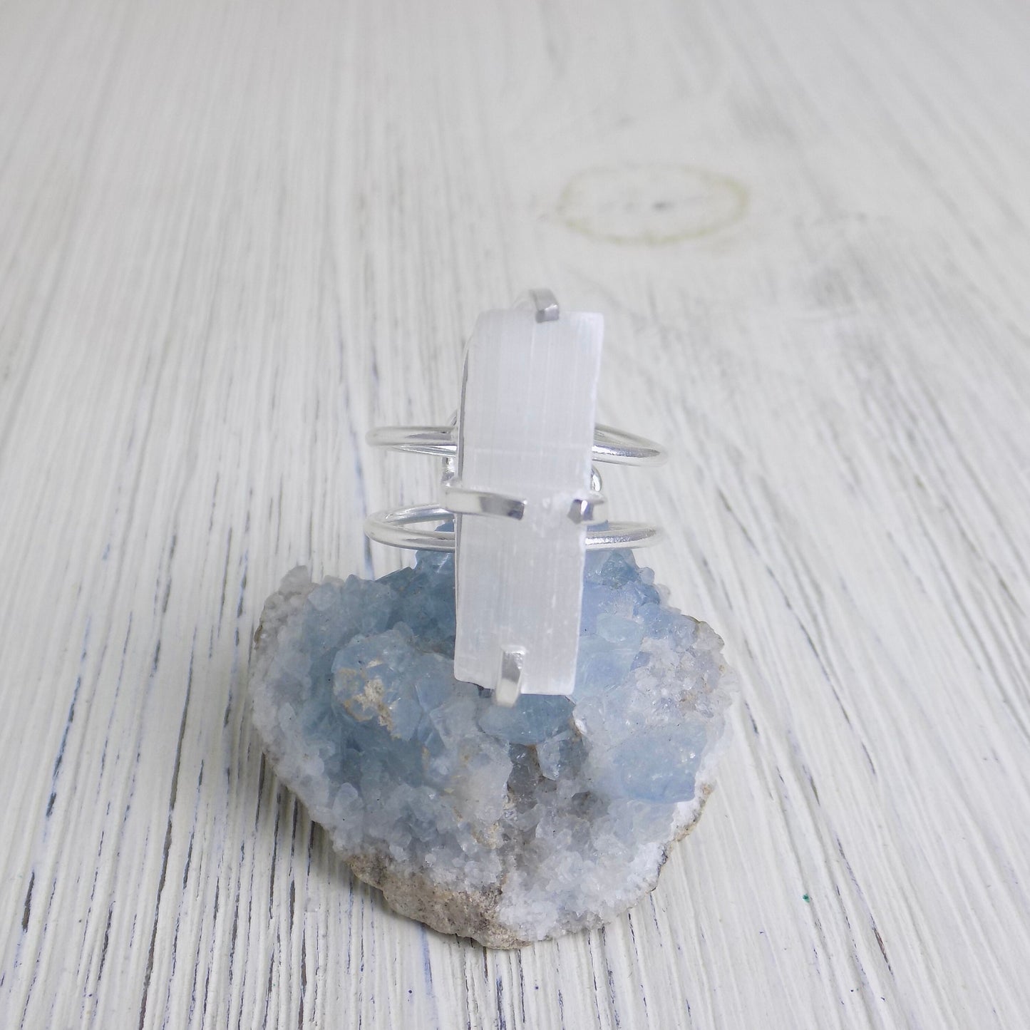Boho White Crystal Rings For Women, Raw White Selenite, Calming Chakra Stone Large, Adjustable Band Silver Plated, G13-100
