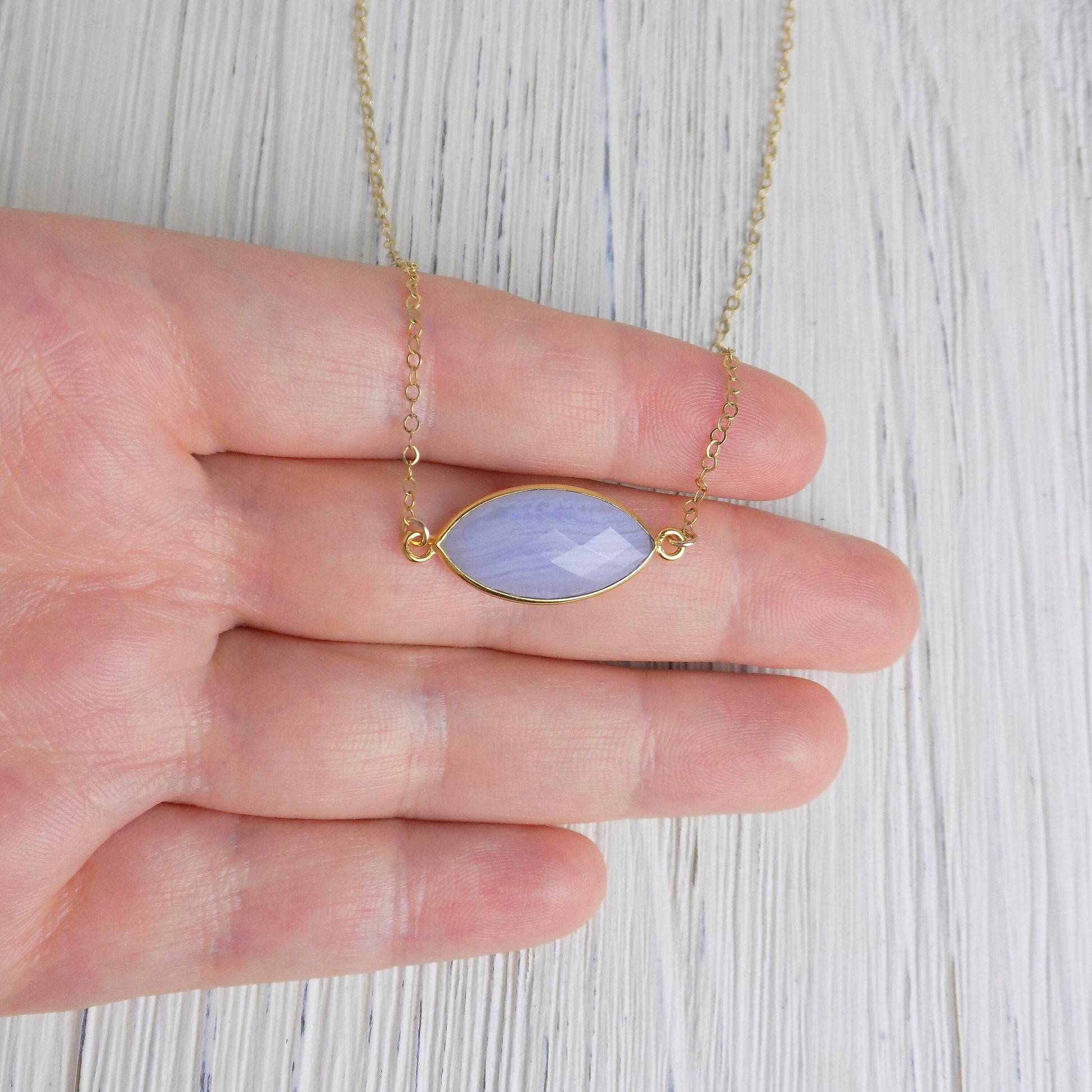 Calming Blue Lace Agate Natural Gemstone Necklace 14K Gold Filled Chain, Gift For Mom, M5-373