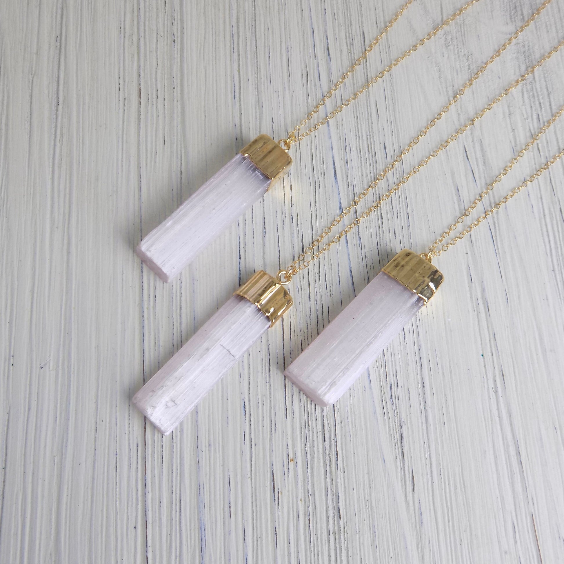 Pink Selenite Necklace - Raw Selenite Necklace Gold Layer Boho