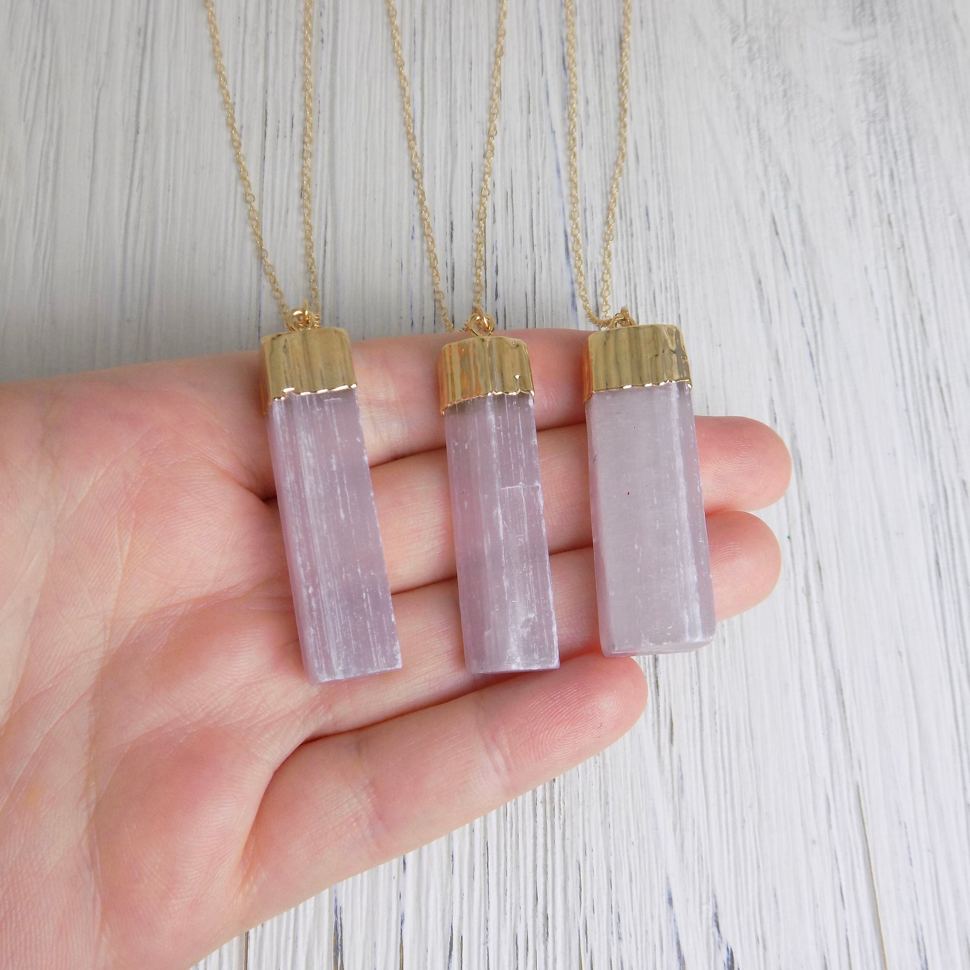 Pink Selenite Necklace - Raw Selenite Necklace Gold Layer Boho