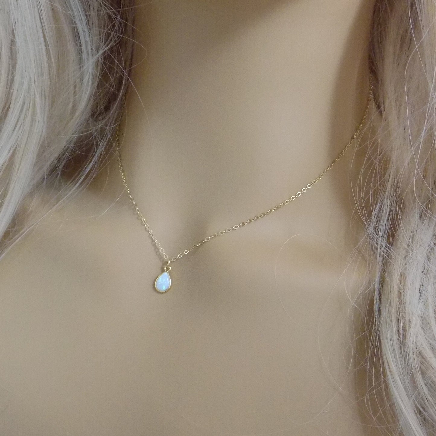 Tiny Opal Necklace Gold, Oval Opal Necklace, Light Blue Opal Necklace, Tiny Layering, October Birthday Gift, L1-02